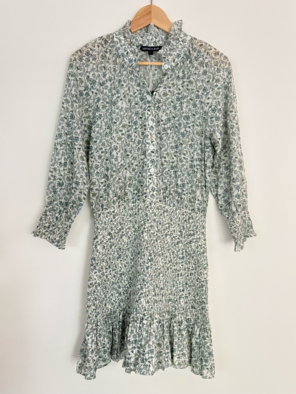 Veronica Beard Corsica Dress Ecru Sage Floral Long Sleeve Smocked Mini NWT Sz S